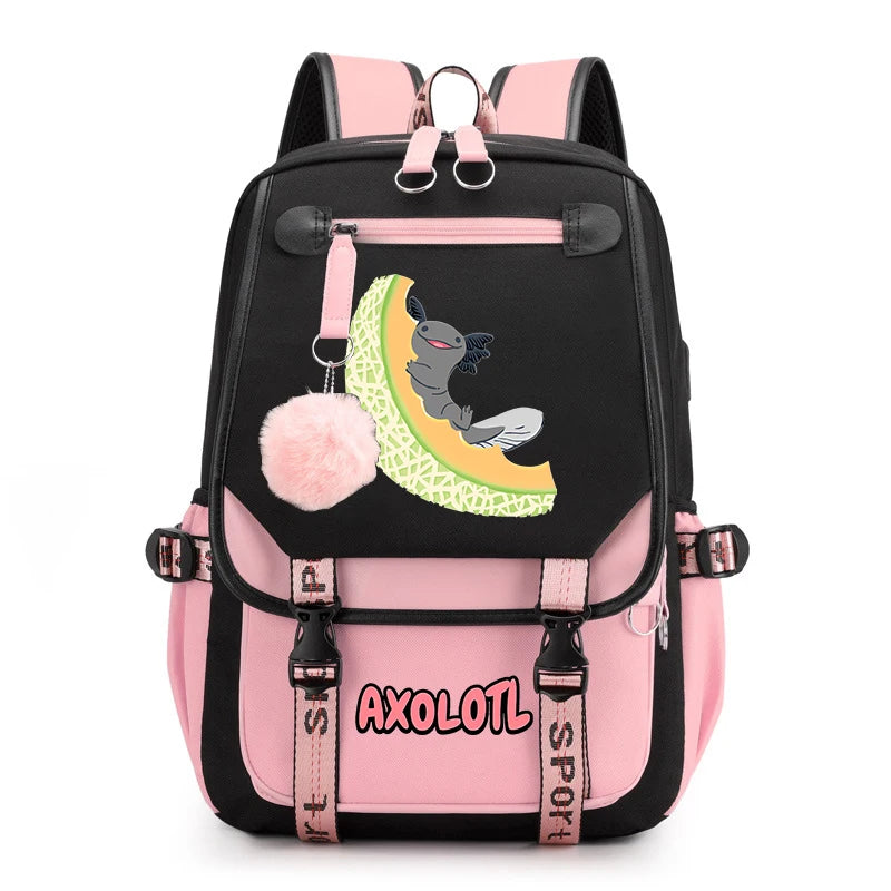 Cute Axolotl Print School Backpack – USB Charging Bag for Girls & Kids