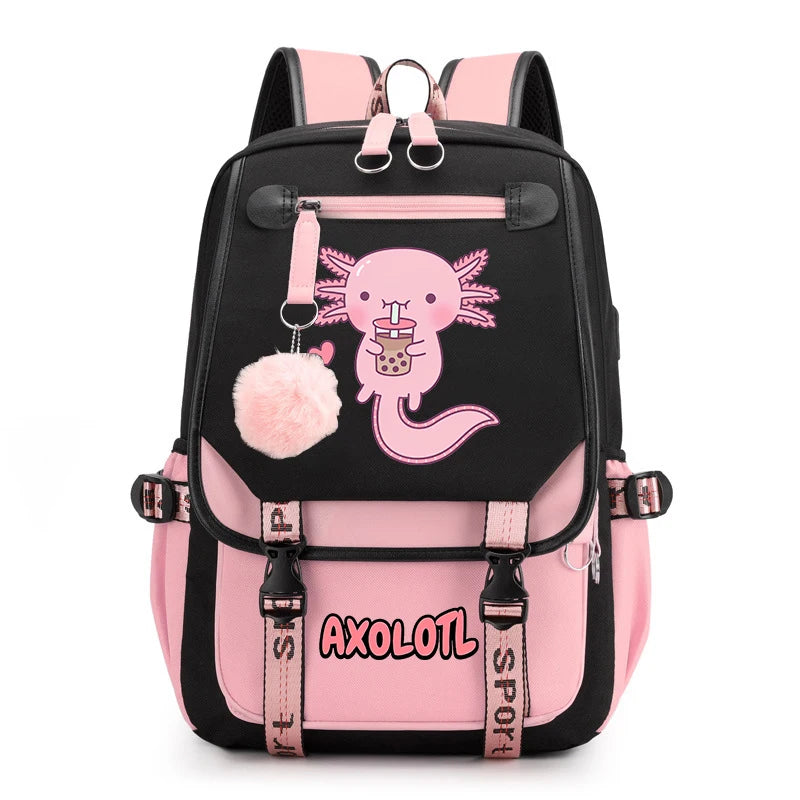 Cute Axolotl Print School Backpack – USB Charging Bag for Girls & Kids