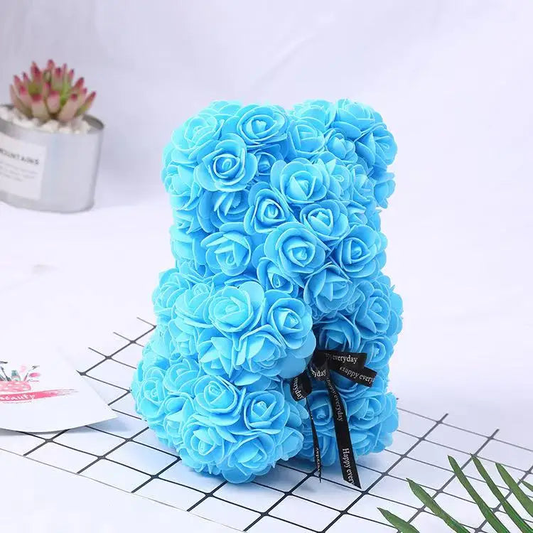 🌹 25 cm-es műrózsa virágmackó – romantikus Valentin-napi és évfordulós ajándék 🧸❤️