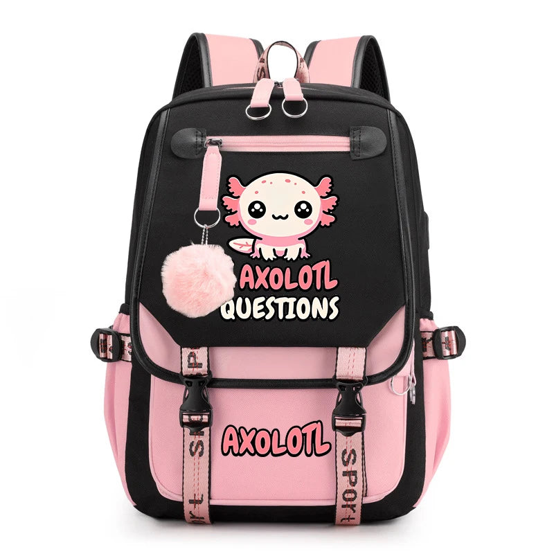 Cute Axolotl Print School Backpack – USB Charging Bag for Girls & Kids