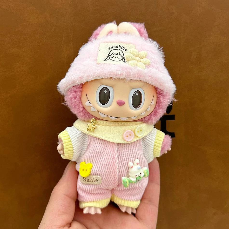 Labubu Autumn Jumpsuit Set – Cartoon Pants & Hat for Plush Dolls (Clothes Only)