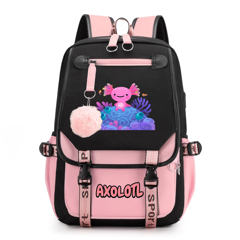 Cute Axolotl Print School Backpack – USB Charging Bag for Girls & Kids