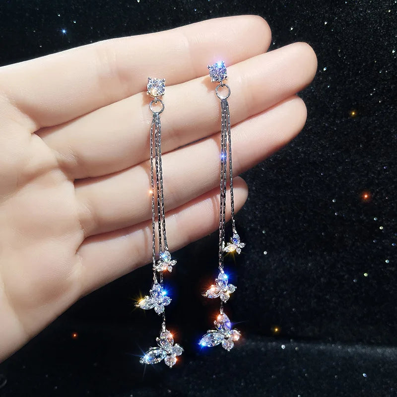 🦋 Shiny Crystal Butterfly Tassel Earrings – Elegant Long Dangle CZ Zircon Earrings for Women – Wedding & Party Jewelry