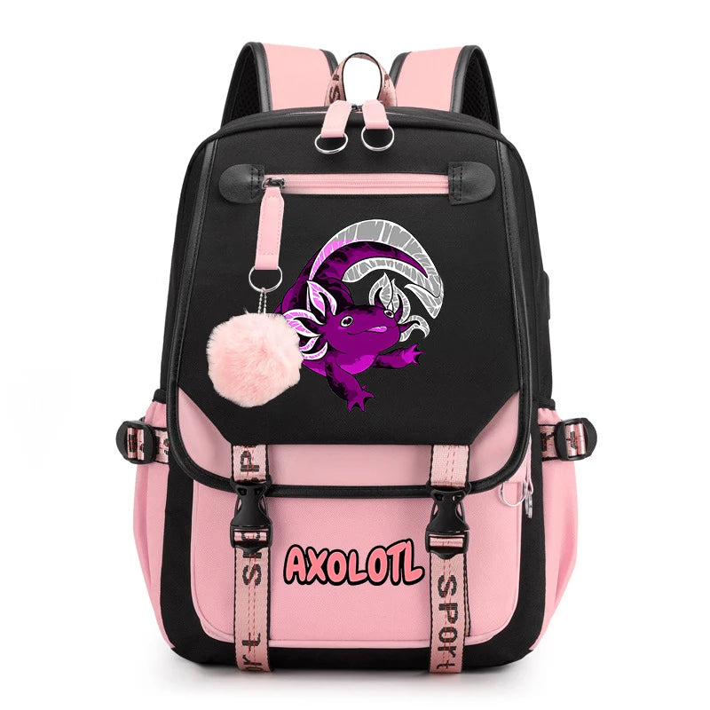 Cute Axolotl Print School Backpack – USB Charging Bag for Girls & Kids