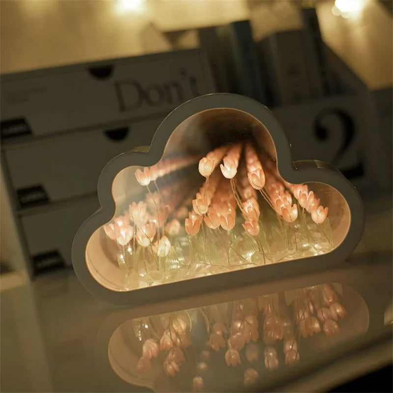 🪞✨ Tulip Cloud Mirror Night Lamp – 4-in-1 DIY Gift for Girls & Women 🎁🌷