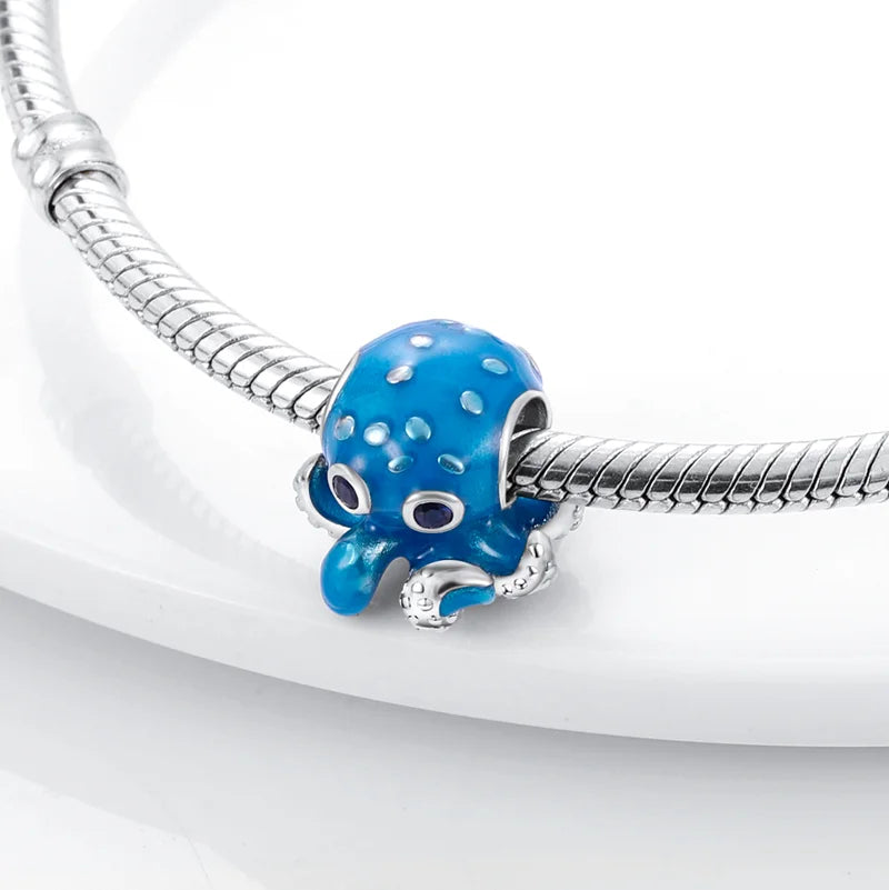 ✨ 925 Silver Ocean Charms – 🐙 Octopus, 🐢 Sea Turtle, 🐬 Dolphin & 💧 Blue Zircon | Pandora-Style Bracelet Compatible