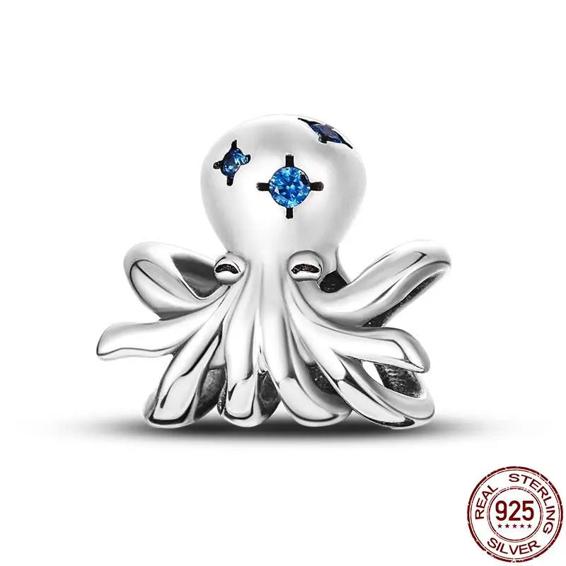 ✨ 925 Silver Ocean Charms – 🐙 Octopus, 🐢 Sea Turtle, 🐬 Dolphin & 💧 Blue Zircon | Pandora-Style Bracelet Compatible