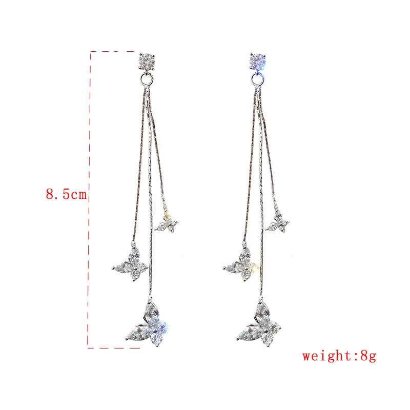 🦋 Shiny Crystal Butterfly Tassel Earrings – Elegant Long Dangle CZ Zircon Earrings for Women – Wedding & Party Jewelry
