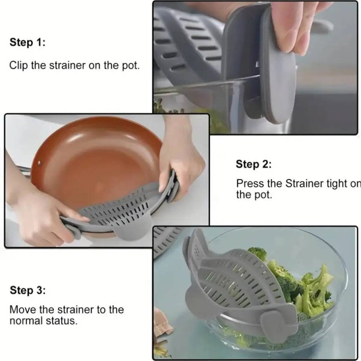 ClipFlow™ Adjustable Pot Strainer – Universal Cookware Drainer