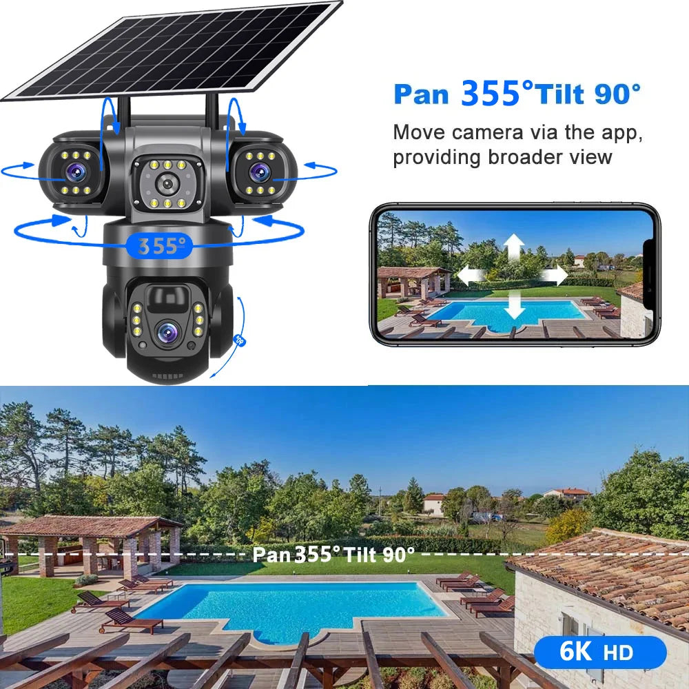 Triple-Lens Solar 360° Dome Camera – 4K Wireless Security with AI Motion Tracking