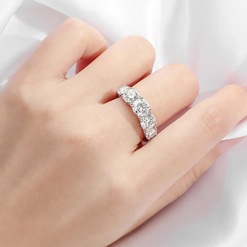 Moissanite Wedding Band – 5-Stone S925 Sterling Silver Ring for Women