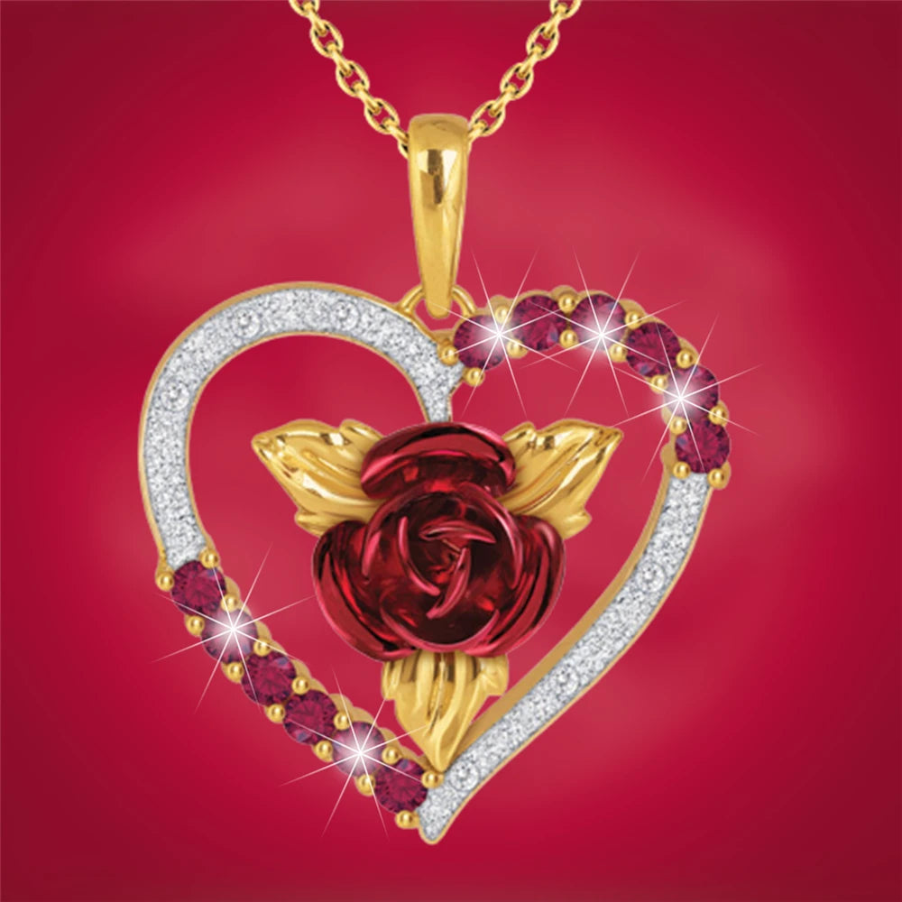 💖 Romantic Rose Heart Pendant Necklace – Red & White Rhinestone Jewelry for Women, Elegant Valentine's Day or Anniversary Gift