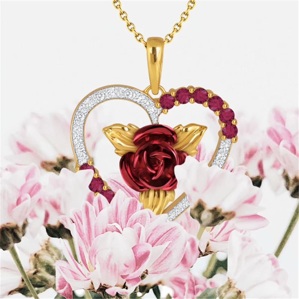 💖 Romantic Rose Heart Pendant Necklace – Red & White Rhinestone Jewelry for Women, Elegant Valentine's Day or Anniversary Gift