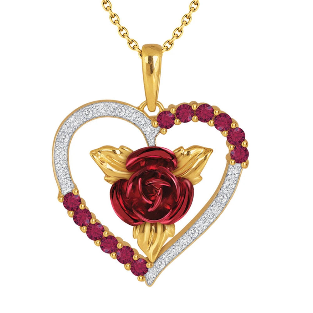💖 Romantic Rose Heart Pendant Necklace – Red & White Rhinestone Jewelry for Women, Elegant Valentine's Day or Anniversary Gift