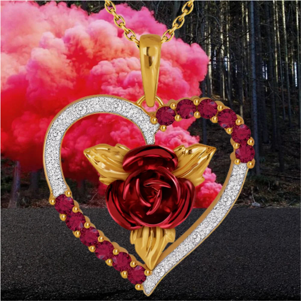 💖 Romantic Rose Heart Pendant Necklace – Red & White Rhinestone Jewelry for Women, Elegant Valentine's Day or Anniversary Gift