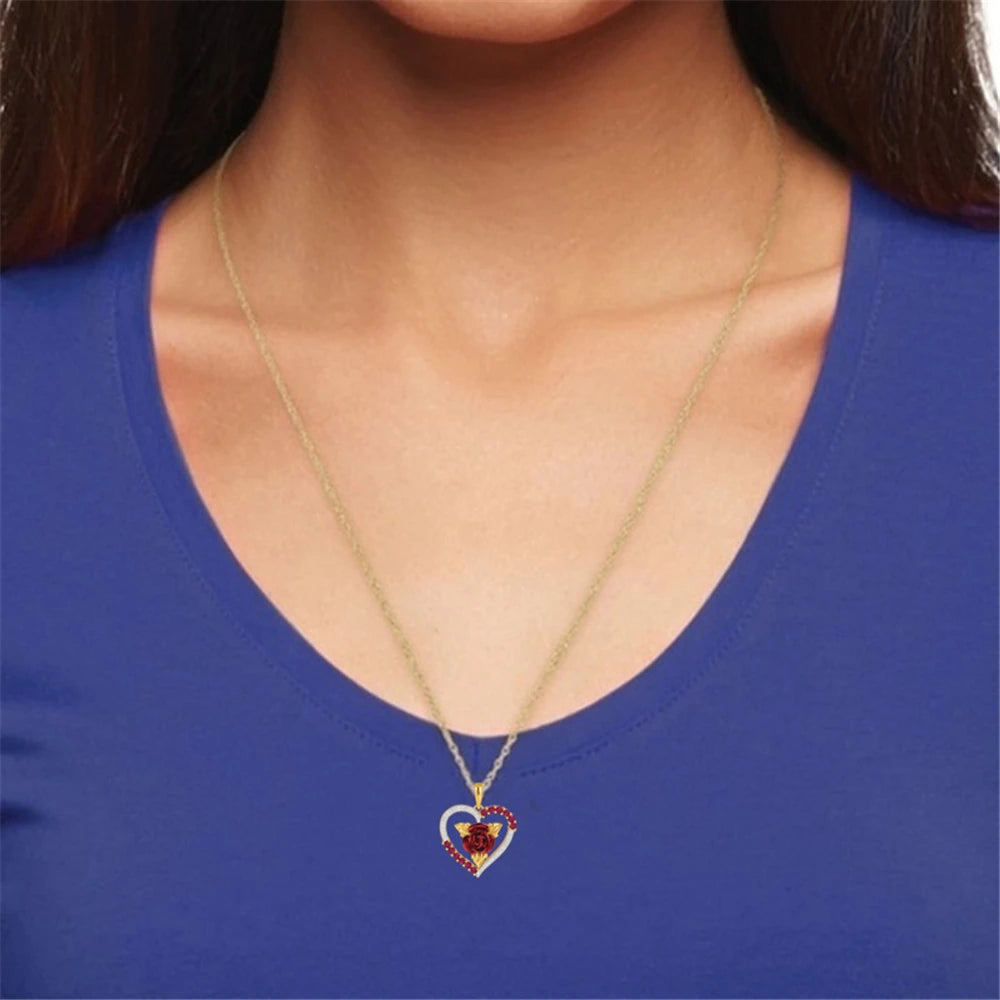 💖 Romantic Rose Heart Pendant Necklace – Red & White Rhinestone Jewelry for Women, Elegant Valentine's Day or Anniversary Gift