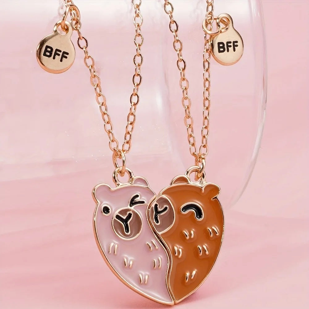 2-Piece Capybara Heart Necklace Set – BFF Friendship Jewelry