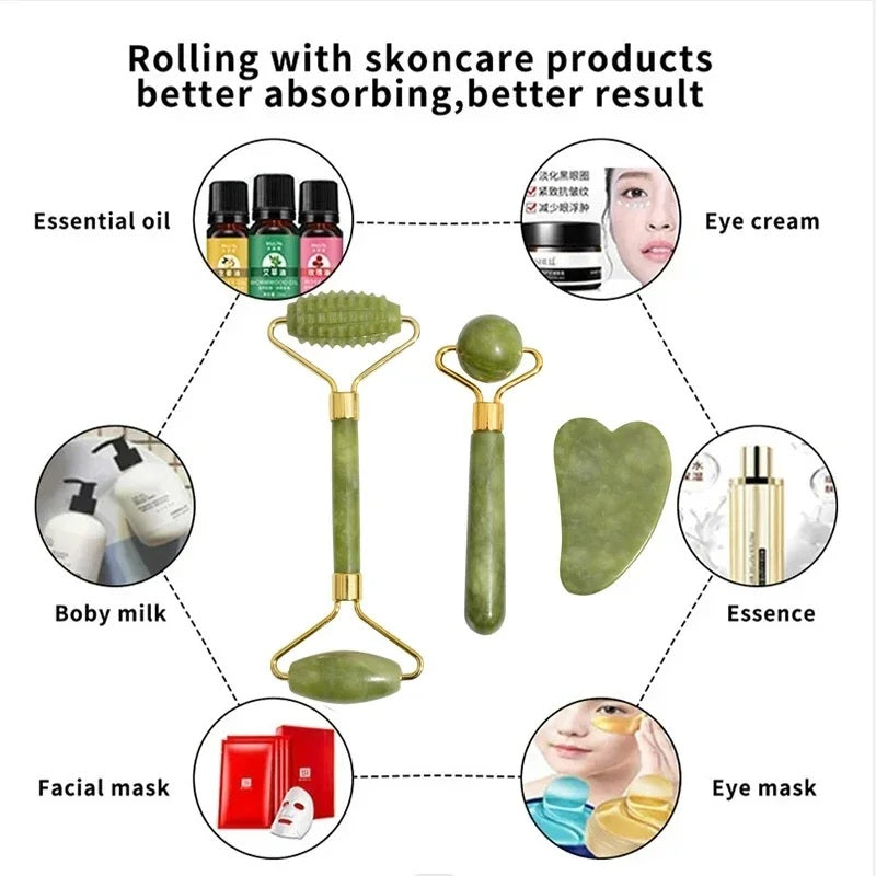 🌿 Jade Roller Massager for Face, Body, Back, Foot Massage - Facial Lifting, Anti-Wrinkle Double-End Gua Sha Jade Stone