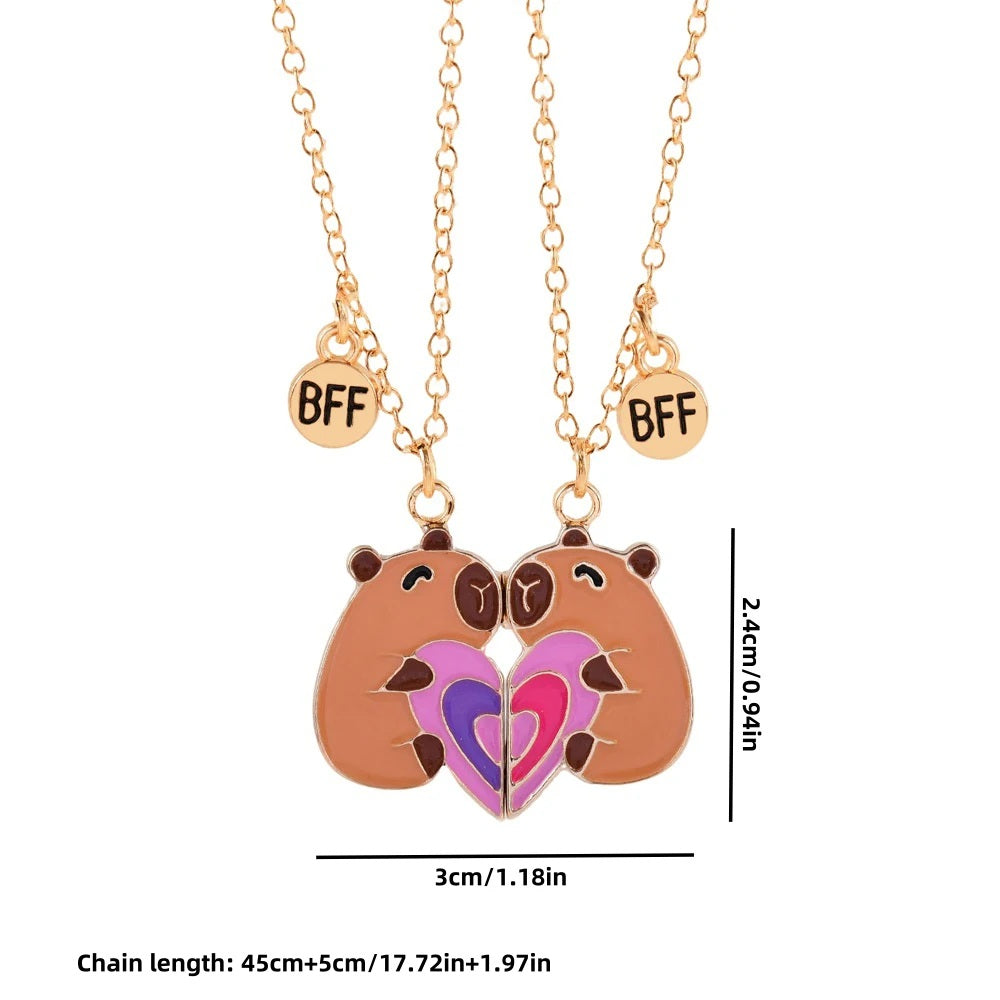 2-Piece Capybara Heart Necklace Set – BFF Friendship Jewelry