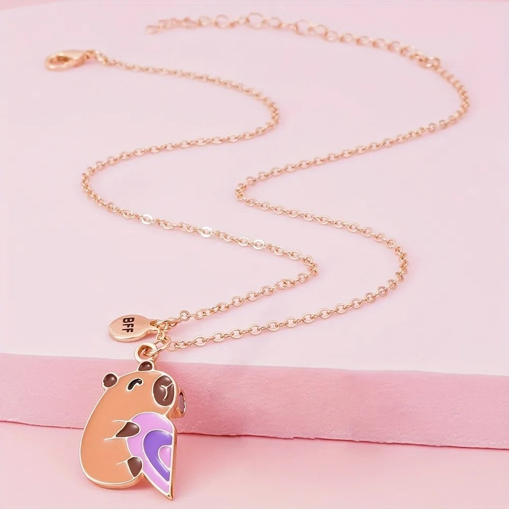 2-Piece Capybara Heart Necklace Set – BFF Friendship Jewelry