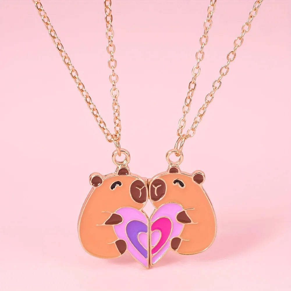 2-Piece Capybara Heart Necklace Set – BFF Friendship Jewelry