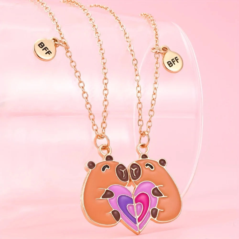 2-Piece Capybara Heart Necklace Set – BFF Friendship Jewelry