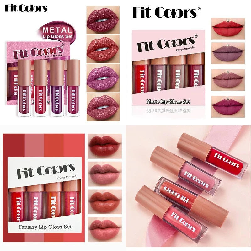 Fit Colors Velvet Lip Gloss Set — 4-Piece Non-Transfer, Diamond Finish, Long-Lasting Lip Gloss Collection