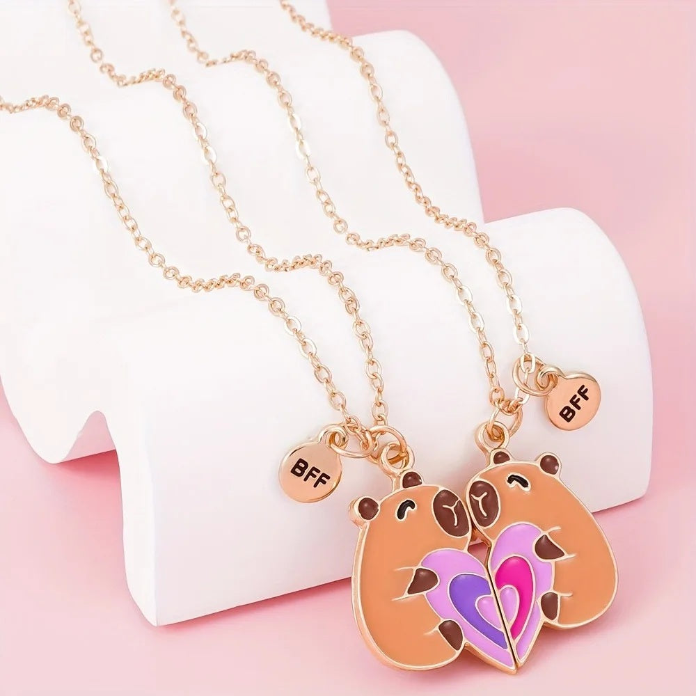 2-Piece Capybara Heart Necklace Set – BFF Friendship Jewelry