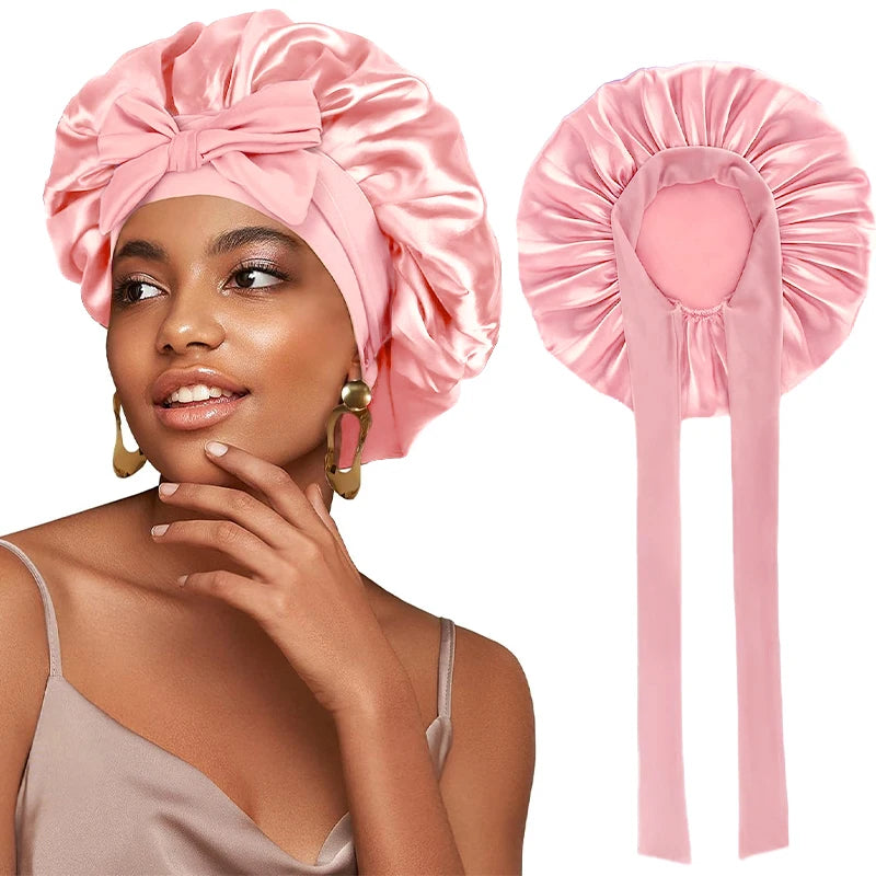 Adjustable Satin Sleeping Bonnet for Women – Solid Color Night Cap with Stretchy Tie Band & Elastic Fit