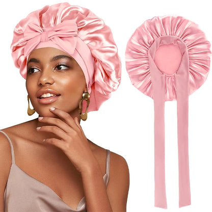 Adjustable Satin Sleeping Bonnet for Women – Solid Color Night Cap with Stretchy Tie Band & Elastic Fit