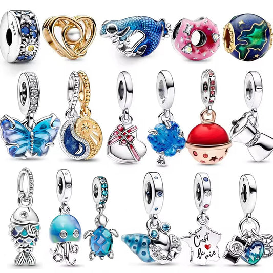 ✨ 925 Sterling Silver Ocean Charms – 🌙 Moon, ⭐ Star, ☀️ Sun & 💧 Blue Beads | Pandora-Style Bracelet Compatible