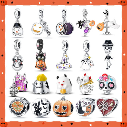 ✨ 925 Sterling Silver Halloween Charms – 🧙‍♀️ Witch, 💀 Skeleton, 👻 Ghost & 🎃 Pumpkin | Pandora-Style Bracelet Compatible
