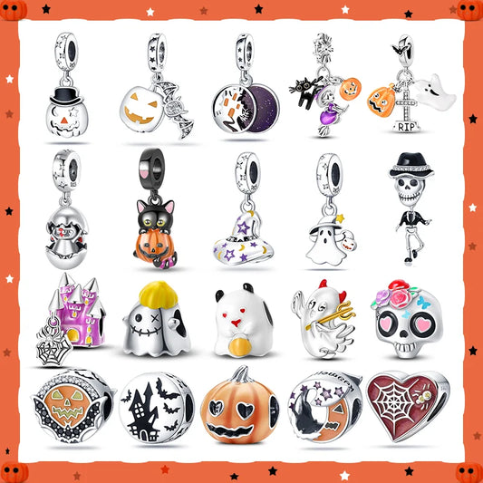 ✨ 925 Sterling Silver Halloween Charms – 🧙‍♀️ Witch, 💀 Skeleton, 👻 Ghost & 🎃 Pumpkin | Pandora-Style Bracelet Compatible