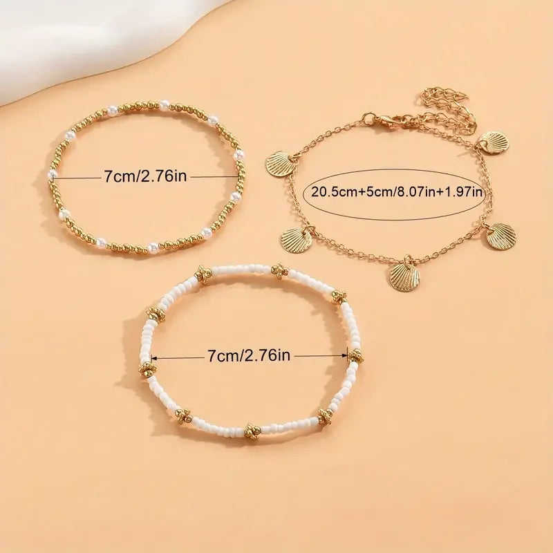 3pcs Retro Pearl Beads Anklet for Women