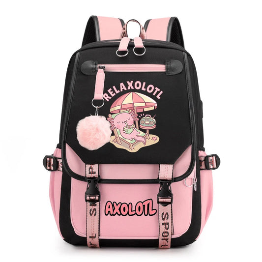 Cute Axolotl Print School Backpack – USB Charging Bag for Girls & Kids