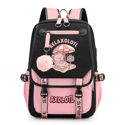 Cute Axolotl Print School Backpack – USB Charging Bag for Girls & Kids