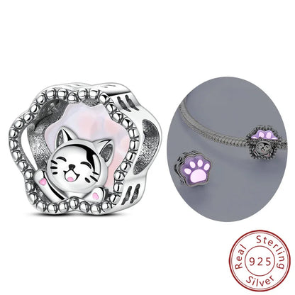 ✨ 925 Silver Cute Charms – 🐾 Cat Paw, 🎀 Bow, 🍎 Apple & ❤️ Heart | Pandora-Style Bracelet Compatible