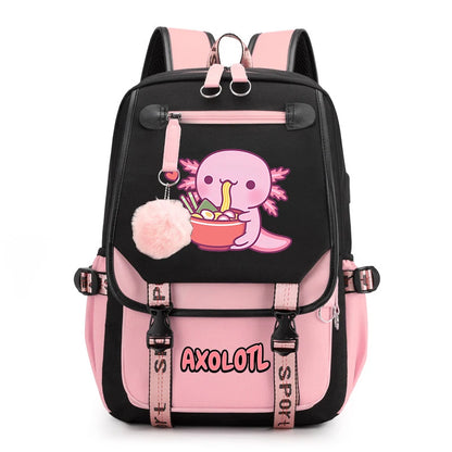 Cute Axolotl Print School Backpack – USB Charging Bag for Girls & Kids