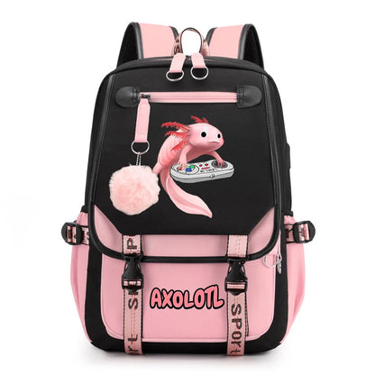 Cute Axolotl Print School Backpack – USB Charging Bag for Girls & Kids