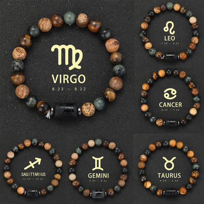 ✨ 12 Zodiac Natural Stone Bracelet – Cancer, Virgo, Leo, Libra – Unisex Couple & Friendship Jewelry Gift