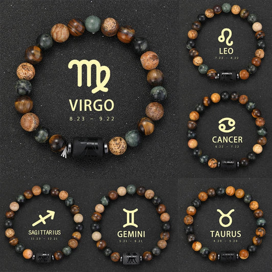 ✨ 12 Zodiac Natural Stone Bracelet – Cancer, Virgo, Leo, Libra – Unisex Couple & Friendship Jewelry Gift