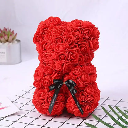 🌹 25 cm-es műrózsa virágmackó – romantikus Valentin-napi és évfordulós ajándék 🧸❤️