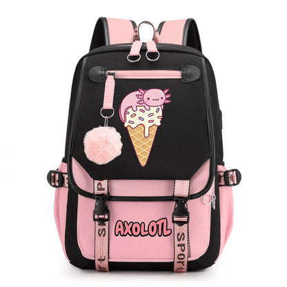 Cute Axolotl Print School Backpack – USB Charging Bag for Girls & Kids
