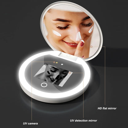 🌞 UV Camera Makeup Mirror with LED Lights – 2X Magnification, Smart Touch, Portable Sun Protection Checker