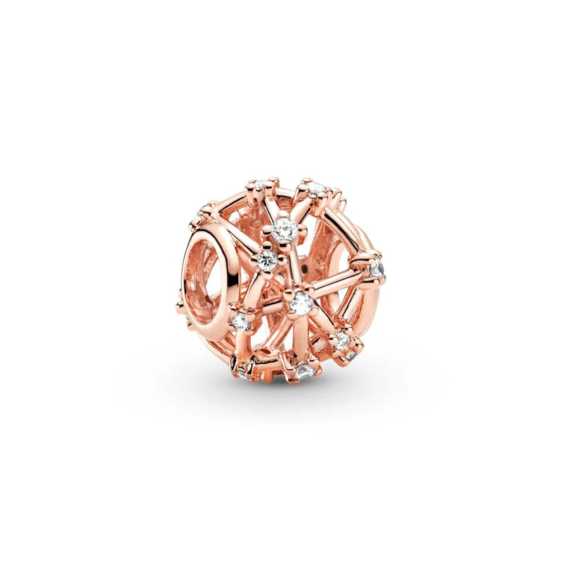 ✨ Rose Gold Plated Winter Charms – ❄️ Snowflake & 💖 Interlocking Hearts | Pandora-Style Bracelet Compatible