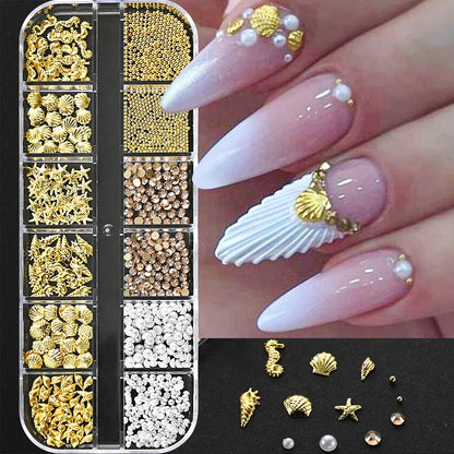 🌊✨ 12Grids Ocean Gold Nail Art Charms | Shell, Seahorse, Starfish & Pearl Gems 🐚🦄 Shop1103833347 Store