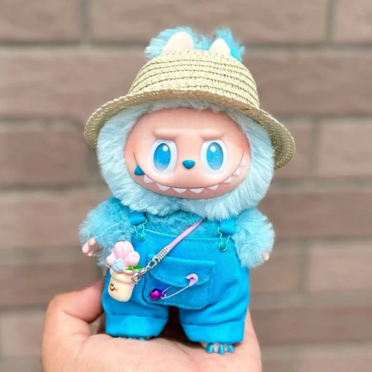 Labubu Summer Overalls Set – Energy Style Clothes with Straw Hat & Belt (15-17cm)