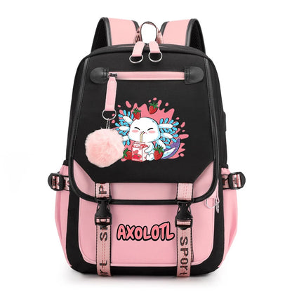 Cute Axolotl Print School Backpack – USB Charging Bag for Girls & Kids