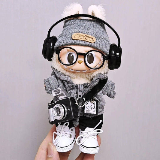 Labubu Universal Hoodie Set – Gray Outfit with Camera, Glasses & Shoes (15-17cm)