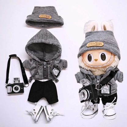 Labubu Universal Hoodie Set – Gray Outfit with Camera, Glasses & Shoes (15-17cm)